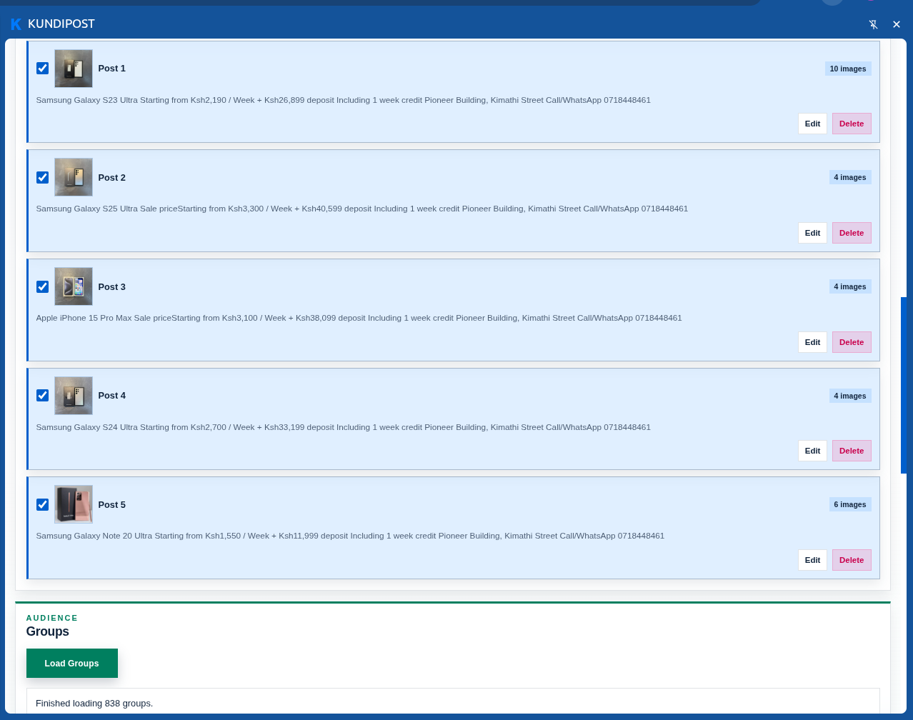 KundiPost side panel with loaded Facebook Groups and selectable posting targets